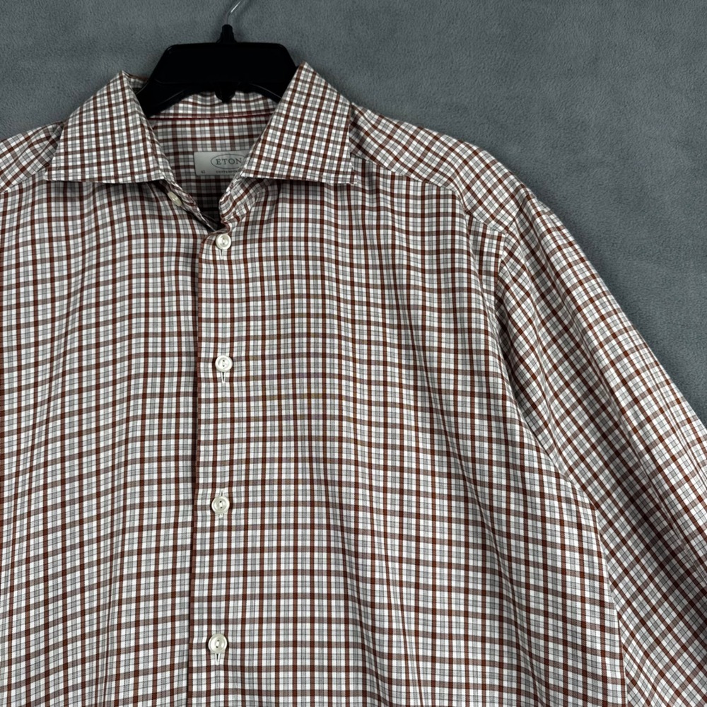 Eton of Sweden Contemporary Fit Brown White Check Dress Shirt 42 16.5 L Cotton